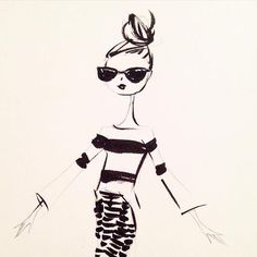 a black and white drawing of a woman with sunglasses on her head, walking down the street