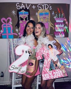 two women dressed up in costumes posing for the camera