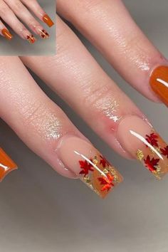 Fall Nails Encapsulated Leaves, Nail Ideas For Fall Autumn, Fall Nails With Leaves Acrylic, Fall Nail Designs Leaves, Fall Designs For Nails, Autumn Aesthetic Nails, Fall Theme Nails, Fall Aesthetic Nails