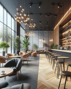 the interior of a modern restaurant with wooden tables and chairs, potted plants on the wall