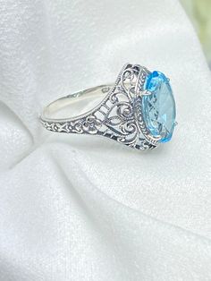 Natural Blue Topaz Ring, Marquise Gemstone, Art Deco Filigree, Sterling Silver Jewelry, Silver Embrace Jewelry, D201 Antique Blue Topaz Round Ring, Engraved Topaz Ring As A Gift, Engraved Topaz Ring Gift, Engraved Round Topaz Ring For Gift, Filigree Topaz Ring Gift, Victorian Topaz Round Ring, Handmade Blue Topaz Ring, Victorian Style Topaz Round Ring, Handmade Elegant Blue Topaz Ring