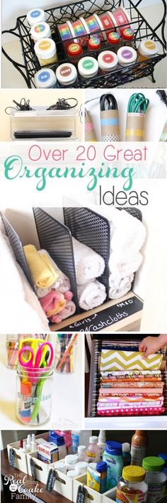 the cover of an over 20 great organizing ideas book with towels and other items in it