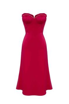 Feel seductive, confident and mesmerizing in this bustier midi dress in fuchsia. A plunging neckline and pleats at the cups, a fitted cut will add a touch of femininity and playfulness to the look. The inner construction of the bodice has underwire and cups. Open shoulders will emphasize your delicate shoulders. Lined.