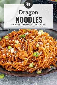 a plate full of noodles with sesame seeds on top and the title overlay reads, dragon noodles