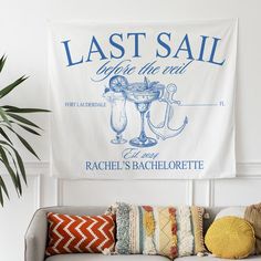 Bachelorette Party Decor, Last Sail Before The Veil Bachelorette Party Banner, Bachelorette Tapestry, Boating Bachelorette Events Backdrop 🎀A custom wall tapestry is a surefire way to uplift any room's aesthetics with a personal touch. This 100% Polyester wall tapestry comes with hemmed edges for extra durability to ensure years' worth of decorating bliss. The advanced tapestry printing techniques guarantee crisp detail even for the craziest of designs, in any of our multiple size choices. ✴️ Size Options 36"x26" 60"x50" 80"x68" 104"x88" ✴️ Key features ✔100% Polyester This extremely strong and durable synthetic fabric retains its shape and dries quickly ✔Hemmed edges The product is sewn around the edges, making it durable and long-lasting ✴️ Care instructions Wash the item only cold mach Lets Get Nauti Bachelorette Decor, Lakehouse Bachelorette Party, Sail Before The Veil Bachelorette, Events Backdrop, Lake Bachelorette Party, Beachy Nail Designs, Veil Bachelorette Party, Lake Bachelorette