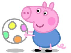 peppa pig holding a paintbrush and an egg