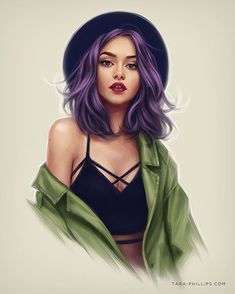 a painting of a woman with purple hair wearing a black bra and green jacket,