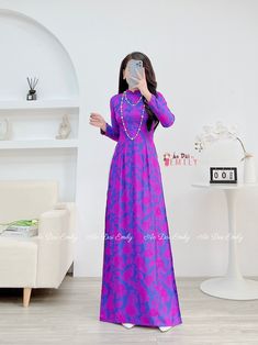 🌻Material: Gấm Thái Tuấn Stretchy level: 0/10 🌻 The measurement of this ao dai (long dress) is in Vietnamese size (American size tends to be bigger for the same size). Please LOOK AT THE SIZE CHART CAREFULLY BEFORE ORDERING. There might have some chalk writings on the fabric due to making process. These marks can be washed away easily. 🌻No return or exchange 💜 Thank you very much!💜 Traditional Ao Dai For Spring Party, Spring Party Traditional Ao Dai, Traditional Fitted Pink Ao Dai, Traditional Long Sleeve Purple Maxi Dress, Traditional Purple Long Sleeve Maxi Dress, Blue Ao Dai For Wedding And Festive Occasions, Long Sleeve Ao Dai For Eid Wedding, Long Sleeve Ao Dai For Wedding Eid Festival, Long Blue Ao Dai For Spring