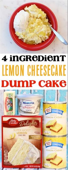 lemon cheesecake dump cake recipe on a red plate with the words, 4 ingredient lemon cheesecake dump cake