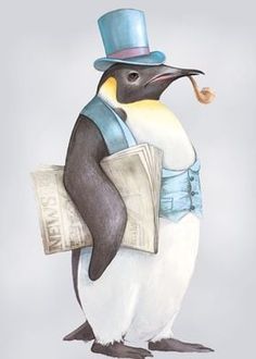 a penguin wearing a top hat and holding a newspaper with a pipe in it's mouth