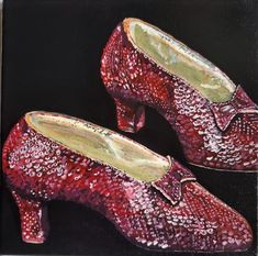 "My family has always loved movies, especially the classics. It is funny how ONE thing from a movie can represent what that movie is, down to a particular pair of shoes - even the color of those shoes.  This is a print from an original acrylic painting by Donna Liguria of Woodbridge, Virginia that was entitled, \"There's No Place Like Home\", which is of course from the Wizard of Oz. Dorothy wore the iconic red shoes, known as \"the Ruby Slippers\" through most of the movie and one pair is even on display at the Smithsonian in Washington DC.  The original painting was a 8x8 inch gallery wrapped stretched canvas and was purchased by a relative whose family also grew up on the Wizard of Oz as a basic family tradition.  The print is from a high-quality laser printer and was created on profess Red Shoes Movie, Dorothy Red Shoes, Wizard Of Oz Movie, Silver Slippers, Oz Movie, Ruby Red Slippers, Red Slippers, There's No Place Like Home, Ruby Slippers