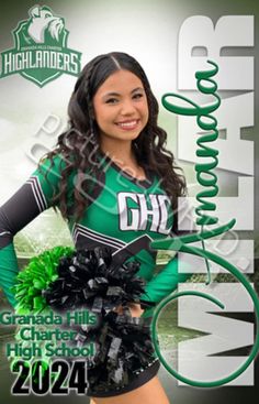 a girl in green and black cheer uniform posing for the camera with her hands on her hips