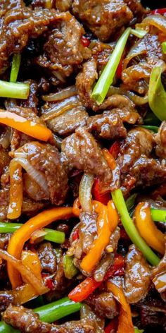 beef and peppers stir fry in a skillet with the words beef recipe on it