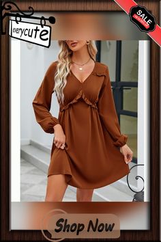 Caramel V Neck Ruffle Detail Long Sleeve Dress Neck Ruffle, Color Pick, Casual Dresses For Women, Casual Dresses, V Neck, Long Sleeve Dress, Womens Dresses, Dresses