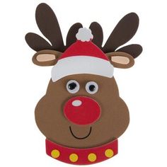 a cardboard reindeer head with a red nose and santa hat on it's head