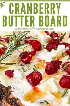 cranberry butter board with cheese and cherries on it, in front of the text overlay