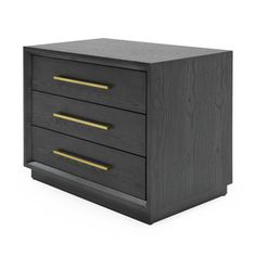 a black and gold nightstand with two drawers on the bottom, one drawer has brass handles