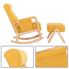 a wooden rocking chair and ottoman with yellow fabric