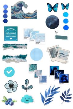 a collage of blue and white images with leaves, flowers, and other items