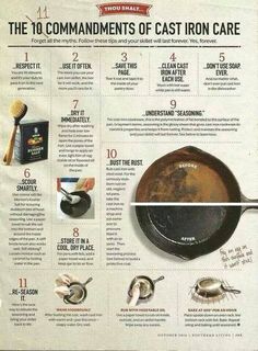 the 10 commandments of cast iron care info sheet with instructions on how to use an iron skillet