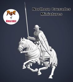 a man riding on the back of a white horse next to a sign that reads northern crusaders miniatures