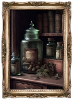 a painting of jars and other items on a table