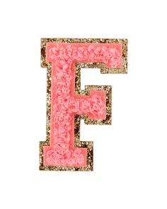 the letter f is made up of pink and gold glitters on a white background