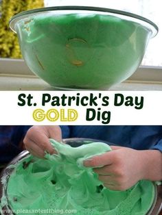 two pictures with green frosting in them and the words st patrick's day gold dig