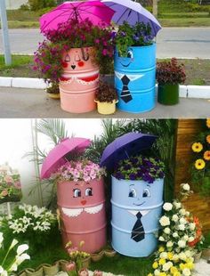 two photos one has an umbrella and the other has flower pots with flowers in them