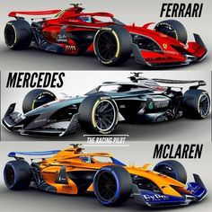 three different types of racing cars with the names on each car and their respective colors