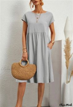 Olivia Mark - Fashionable Cotton Linen Round Neck Printed Maxi Dress Summer Dresses Knee Length, Boho Midi Dress, A Line Shorts, Women's Robe, Dress For Summer, Round Neck Dresses, Crewneck Dress, Linen Dresses, Types Of Skirts