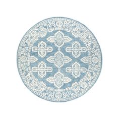 a blue and white rug with an intricate design on the center, in front of a white background