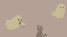 two black cats sitting next to each other in front of some ghost like objects on the wall