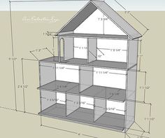 a drawing of a dollhouse with measurements for the top and bottom floors, including the second floor