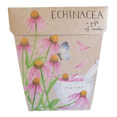 a package with pink flowers and a white teapot on it's side that says echinacea