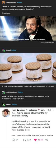 the screen shot shows an image of some cookies on top of each other, with one man's face in the background