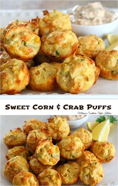 two pictures of corn and crab puffs on a white plate with lemon wedges