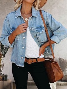 Lavado ligero Casual Collar manga larga Mezclilla Liso Más Embellished No-Elástico Denim Style Casual, Casual Denim Jacket, Hipster Women, Shirt Collar Styles, Moda Denim, Blue Style, Denim Jacket Women