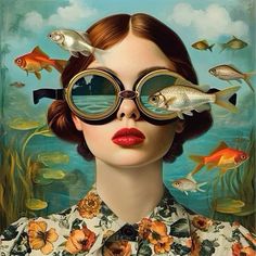 a painting of a woman with fish on her face and goggles over her eyes