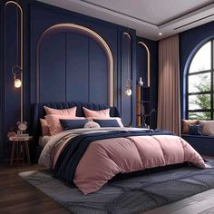 a bedroom with blue walls and pink bedding