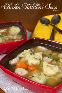 two red bowls filled with chicken tortellini soup