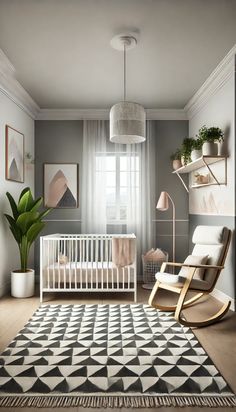 a baby's room with a rocking chair, crib and potted plant