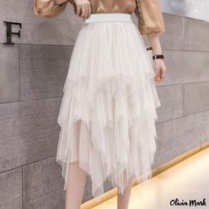 Olivia Mark - Solid Color Irregular Mesh Midi Skirt Fairy Skirts, Tutu Women, Mesh Midi Skirt, Womens Tulle Skirt, Irregular Skirt, Tulle Midi Skirt, Brown Outfit, Long Sleeve Short Dress, Types Of Skirts