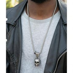 Details:Metal \nColor:Silver \nStyle:Punk \nStyle:Sporty \nStyle:Business \nStyle:Fantasy \nStyle:Fashionable \nStyle:Hip-hop \nMaterial:Stainless Steel \nComposition:100% Metal \nGender:Men \nMagnetic:No \n Men Pendant, Box Chain Necklace, Skull Pendant, Box Chain, Men Necklace, Pendant Necklaces, Chain Necklace, Hip Hop, Necklaces