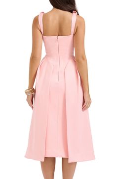 Crafted from Duchess satin, this '60s-inspired midi features a plunging neckline and a flared tulle-lined skirt. Exclusive retailer Plunge neck Sleeveless Lined 100% polyester Dry clean Imported Halter Neck Plunge Dress, Plunge Neck Midi Dress, Ice Dresses, Duchess Satin, Peach Dress, Sleeveless Midi Dress, Bustier Dress, Dress Crafts, Dress Home