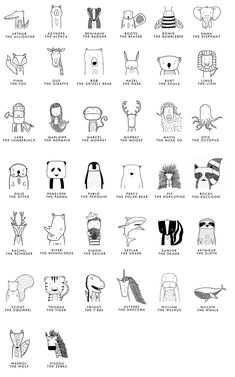 an illustrated poster with different types of animals and their names in black ink on white paper