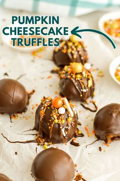 pumpkin cheesecake truffles with chocolate frosting and sprinkles