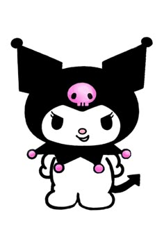 a black and white cartoon character with pink eyes, nose and head in the shape of a cat