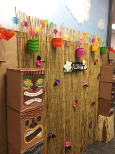 an office decorated with tiki masks and decorations