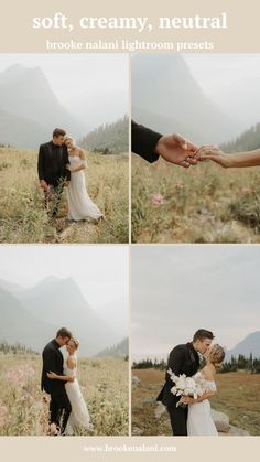 the bride and groom are holding hands while posing for pictures on their wedding day with mountains in the background